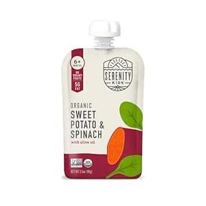 Serenity Kids 6+ Months USDA Organic Veggie Puree Baby Food Pouches | No Sugary Fruits or Added Sugar | Allergen Free | 3.5 Ounce BPA-Free Pouch | Sweet Potato & Spinach | 6 Count