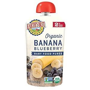 Earth's Best Organic Baby Food Pouches, Stage 2 Fruit Puree for Babies 6 Months and Older, Organic Banana and Blueberry Puree, 4 oz Resealable Pouch