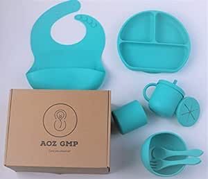 AOZ GMP Baby Feeding Set 8-Piece Led Weaning Supplies - Plate, Spoon, Fork, Bib, Bowl, Sippy Cup with Straw and Lid, and Water Cup - set for Toddler- Food Grade BPA Free - Dishwasher Safe (Green)