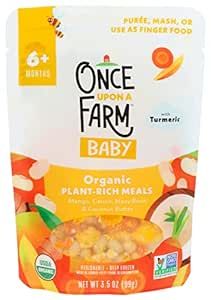 Once Upon a Farm, Frozen, Organic Baby Food Mango, Carrot, Navy Bean & Coconut Butter with Turmeric Plant-Rich Meal, 3.5 Ounce