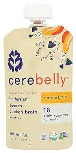 Cerebelly Baby Food Pouches – Butternut Squash with Chicken Bone Broth (4 oz, Pack of 1) - Healthy Kids Snacks - Veggie Purees - 16 Brain-supporting Nutrients from Superfoods, No Added Sugar