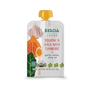 Kekoa Foods 100% Organic Vegetarian Baby Food Puree - Gluten-Free, Vegan, 3.5 oz Squeeze Pouch (Squash & Kale with Turmeric, 12 pack)