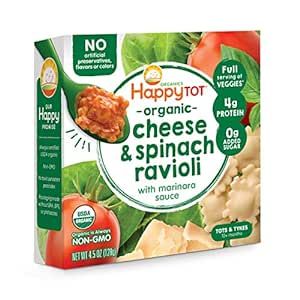 Happy Tot Organics Love My Veggies Bowl, Cheese & Spinach Ravioli with Marinara Sauce, 4.5 Ounce Pouch (Pack of 8) packaging may vary