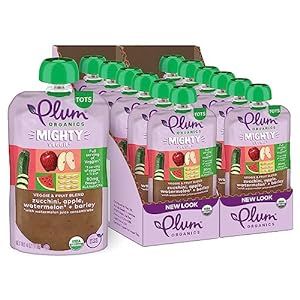 Plum Organics | Mighty Veggie Blends | Organic Baby Food Meals [12+ Months] | Zucchini, Apple, Watermelon & Barley | 4 Ounce Pouch (Pack Of 12) Packaging May Vary