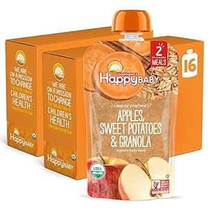 Happy Baby Organics Stage 2 Baby Food Pouches, Gluten Free, Vegan & Healthy Snack, Clearly Crafted Fruit & Veggie Puree, Apples, Sweet Potatoes & Granola, 4 Ounces (Pack of 16)