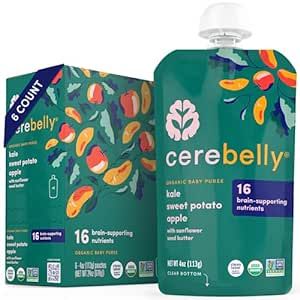 Cerebelly Organic Baby Food Pouches Kale Sweet Potato Apple (4 Ounce, 6 Count) - Toddler Snacks - 16 Brain-supporting Nutrients from Superfoods - Healthy Snacks, Gluten-Free, BPA-Free, No Added Sugar