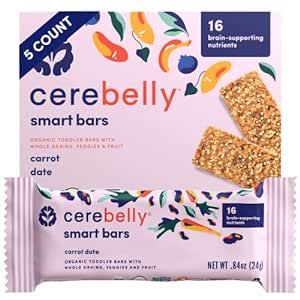Cerebelly Toddler Snack Bars – Organic Carrot Date Smart Bars (Pack of 5), Healthy & Organic Whole Grain Bars with Veggies & Fruit, 16 Brain-supporting Nutrients from Superfoods, Nut Free, No Added Sugar, Made with Gluten Free Ingredients