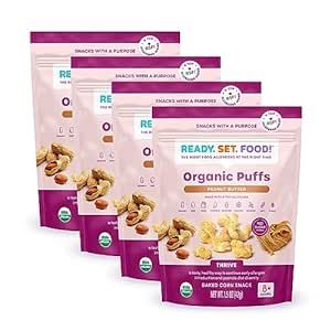 Ready, Set, Food! Organic Puffs | Peanut Butter (4 Pack) | Organic Baby Toddler Puffs with 9 Top Allergens | No Sugar Added
