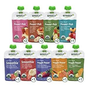 Sprout Organic Baby Food, Stage 4 Toddler Pouches, 9 Flavor Power Pak and Smoothie Sampler, 4 Oz Purees 12 Count (Pack of 1)