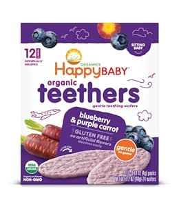 Happy Baby Gentle Teethers Organic Teething Wafers Blueberry Purple Carrot, 0.14 Ounce Packets (Box of 12) Soothing Rice Cookies for Teething Babies Dissolves Easily, Gluten Free No Artificial Flavor