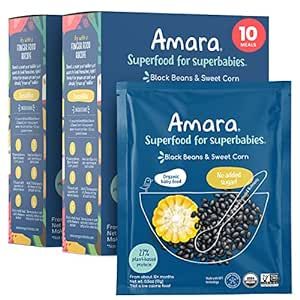 Amara Organic Baby Food - Stage 3 - Black Bean & Sweet Corn - Baby Cereal to Mix With Breastmilk, Water or Baby Formula - Shelf Stable Baby Food Pouches Made from Organic Veggies - 10 Pouches, 3.5oz Per Serving