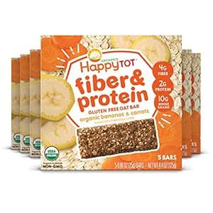 Happy Tot Organics Fiber & Protein Soft-Baked Oat Bars Organic Toddler Snack Banana & Carrot, 0.88 Ounce Bars, 5 Count Box (Pack of 6)