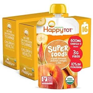 HAPPYTOT Organics Super Foods, Bananas Peaches & Mangos + Super Chia, 4.22 Ounce Pouch (Pack of 16) packaging may vary