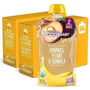 Happy Baby Organics Stage 2 Baby Food Pouches, Gluten Free, Vegan & Healthy Snack, Clearly Crafted Fruit & Veggie Puree, Apples, Bananas, Plums & Granola, 4 Ounces (Pack of 16)