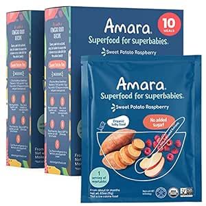 Amara Organic Baby Food - Stage 2 - Sweet Potato Raspberry - Baby Cereal to Mix With Breastmilk, Water or Baby Formula - Shelf Stable Baby Food Pouches Made from Organic Fruit and Veggies - 10 Pouches, 3.5oz Per Serving