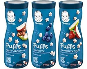 Gerber Puffs Cereal Snack Variety Pack - 1 Apple Cinnamon, 1 Blueberry, 1 Strawberry Apple - 1.48 OZ Each (Pack of 3)
