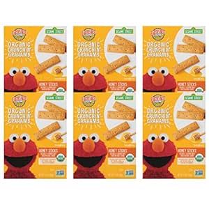 Earth's Best Organic Kids Snacks, Sesame Street Toddler Snacks, Organic Crunchin' Grahams for Toddlers 2 Years and Older, Honey Sticks with other Natural Flavors, 5.3 oz Box (Pack of 6)