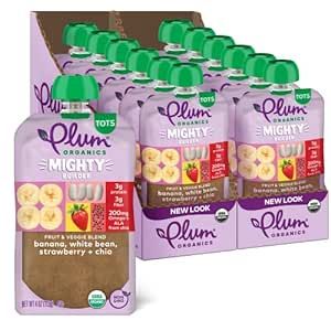 Plum Organics Baby Food Pouch | Mighty Protein & Fiber | Banana, White Bean, Strawberry and Chia | 4 Ounce | 12 Pack | Organic Food Squeeze for Babies, Kids, Toddlers - AG Packaging May Vary