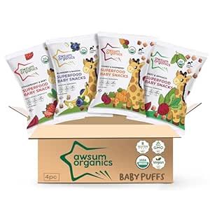 Awsum Organics Baby Snacks - Happy Healthy Baby Food - Snack for babies - Vegan Kosher Gluten Free - Natural Plant Based Protein Puffs - Non-Allergy - No Added Sugar 0.75 Oz Bag (Variety, 4 packs)…