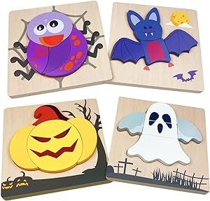 Anditoy 4 Pack Halloween Wooden Puzzles for Kids Toddlers Halloween Toys Party Favors Halloween Treat Bags Gifts