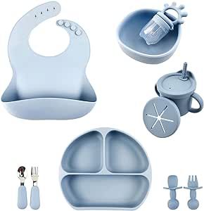 Baby Led Weaning Supplies | Silicone Baby Feeding Set | Suction Baby Plates and Bowls | Baby Spoons and Forks | Bids and 3-in-1 Cup Set and Fruit Food Feeder Pacifier Set | 6+ Months (Blue)