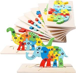 10PCS Wooden Puzzles for Kids, Jigsaw Puzzles for Kids Ages 3-5 Year Old, Preschool Educational Learning Toys Set Wooden Dinosaur Puzzles and Animal Jigsaw Toys Puzzles for Kids Boys and Girls Gift