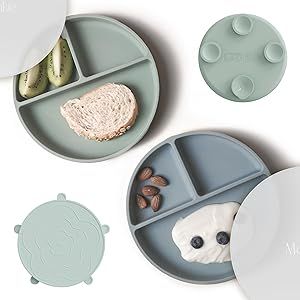 Moonkie Suction Plates for Baby | 100% Silicone BPA-Free Baby Plates with Lids and Food Cover | Divided Design | Microwave and Dishwasher Safe | Toddler Plates 2 Pack (Mint/Ether)