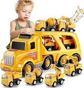 5 in 1 Construction Car Toy for 3 4 5 6 Boys & Girls, Friction Powered Toy Trucks Car for Toddlers 1-3, Push and Go Vehicles, Birthday, Christmas Kids Gift Age 3+