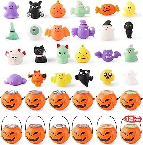 12PCS Halloween Prefilled Pumpkins with 24PCS Halloween Squishy Toys, Halloween Party Favor for Kids, Halloween Mochi Toys, Halloween Classroom Prizes Gifts Trick or Treat Toys, Halloween Goodie Bags