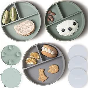 Moonkie Suction Plates for Baby | 100% Silicone BPA-Free Baby Plates with Lids and Food Cover | Divided Design | Microwave and Dishwasher Safe | Toddler Plates 3 Pack (Mint/Sage/Lunar Grey)