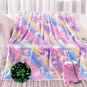 Glow in The Dark Blanket, Unicorns Gifts for Girls Kids, Toys Gifts for 2 3 4 5 6 7 8 9 10 Year Old Girls Soft Kids Cute Throw Blankets for Christmas Valentines Girls Birthday 60 x 50in