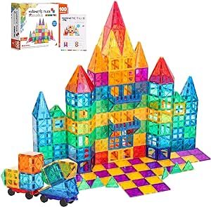 SUNHE YHK Kids Magnetic Tiles Toys, 100Pcs 3D Magnetic Building Blocks Tiles Set, Building Construction Educational STEM Toys for 3+ Year Old Boys and Girls