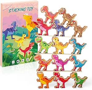 Dinosaur Stacking Building Toys for Kids 3-5, 14 PCS 3 inches Wooden STEM Educational Learning Toys Stocking Stuffers for Kids Classroom Party Favors Game Gifts for 5-7 Years Old Boy Christmas Girls