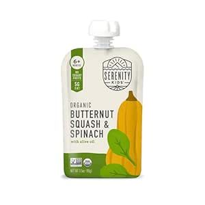 Serenity Kids 6+ Months USDA Organic Veggie Puree Baby Food Pouches | No Sugary Fruits or Added Sugar | Allergen Free | 3.5 Ounce BPA-Free Pouch | Butternut Squash & Spinach | 12 Count