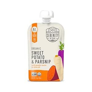 Serenity Kids 6+ Months USDA Organic Veggie Puree Baby Food Pouches | No Sugary Fruits or Added Sugar | Allergen Free | 3.5 Ounce BPA-Free Pouch | Sweet Potato & Parsnip | 12 Count