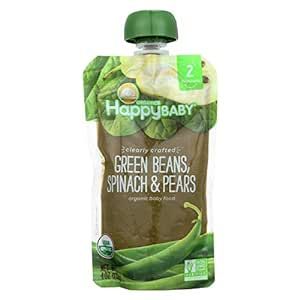 Happy Baby Organics Stage 2 Baby Food Pouches, Gluten Free, Vegan & Healthy Snack, Clearly Crafted Fruit & Veggie Puree, Green Beans Pears & Spinach, 4 Ounces (Pack of 1)