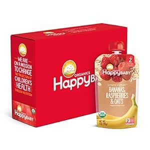 Happy Baby Organics Clearly Crafted Stage 2 Baby Food Bananas Raspberries & Oats, 4 Ounce Pouch Resealable Baby Food Pouches, Fruit & Veggie Puree, Organic Non-GMO Gluten Free Kosher (Pack of 8)