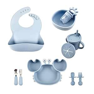 Baby Led Weaning Supplies | Silicone Baby Feeding Set | Suction Baby Crab Plates and Bowls | Baby Spoons and Forks | Bid and 3-in-1 Cup and Fruit Food Feeder Pacifier | 6+ Months (Blue)