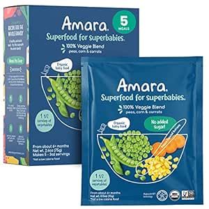 Amara Organic Baby Food - Stage 2 - Peas, Corn & Carrots - Baby Cereal to Mix With Breastmilk, Water or Baby Formula - Shelf Stable Baby Food With 100% Organic Veggies - 5 Pouches, 3.5oz Per Serving