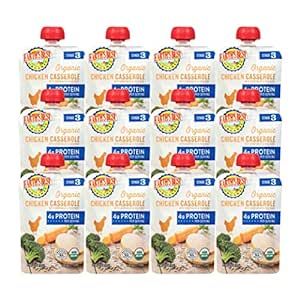 Earth's Best Organic Baby Food Pouches, Stage 3 Protein Puree for Babies 2 Years and Older, Organic Chicken Casserole with Vegetables and Rice Puree, 4.5 oz Resealable Pouch (Pack of 12)
