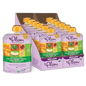 Plum Organics | Stage 3 | Organic Baby Food Meals [9+ Months] | Carrot, Spinach, Turkey, Corn, Apple & Potato | 4 Ounce Pouch (Pack Of 12) Packaging May Vary