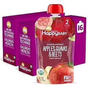 Happy Baby Organics Stage 2 Baby Food Pouches, Gluten Free, Vegan & Healthy Snack, Clearly Crafted Fruit & Veggie Puree, Apples, Guavas & Beets, 4 Ounces (Pack of 16)