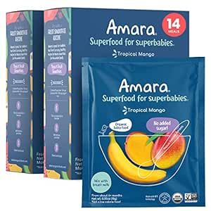 Amara Organic Baby Food - Stage 2 - Tropical Mango - Baby Cereal to Mix With Breastmilk, Water or Baby Formula - Shelf Stable Baby Food Pouches Made from Organic Fruit - 14 Pouches, 3.5oz Per Serving