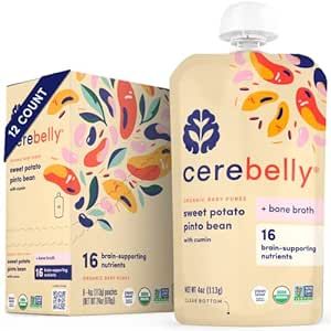 Cerebelly Organic Sweet Potato Pinto Bean & Chicken Bone Broth Puree | 6+ Months Baby Food Pouches | Non-GMO, Tested for Heavy Metals | Protein, Healthy Fats, 16 Nutrients | 4 Oz Pouch (12 Pack)