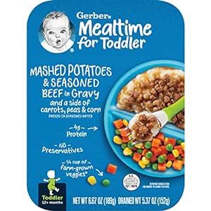 Gerber Baby Food, Mashed Potatoes & Seasoned Beef in Gravy and a side of Carrots, Peas and Corn, Toddler Food with Farm Grown Veggies, Toddler Meal, No Preservatives, 6.67 oz Ounce