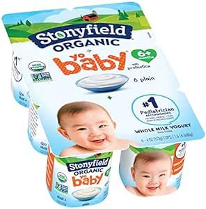 Stonyfield Organic YoBaby Whole Milk Baby Yogurt Cups with Probiotics, Plain, 4 Oz, 6 Pack
