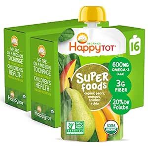 HAPPYTOT Organics Super Foods Stage 4, Pears, Mangos and Spinach + Super Chia, 4.22 Ounce Pouch (Pack of 16) packaging may vary