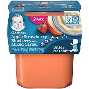 Gerber Baby Food 2nd Foods, Mixed Cereal, Apple, Strawberry & Blueberry with Mixed Cereal Puree, 4 Ounce Tubs, 2-Pack