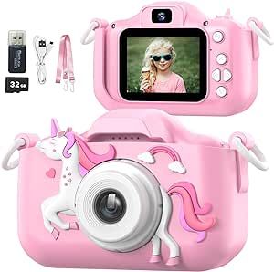 Mgaolo Children's Camera Toys for 3-12 Years Old Kids Boys Girls,HD Digital Video Camera with Protective Silicone Cover,Christmas Birthday Gifts with 32GB SD Card (Unicorn Pink)