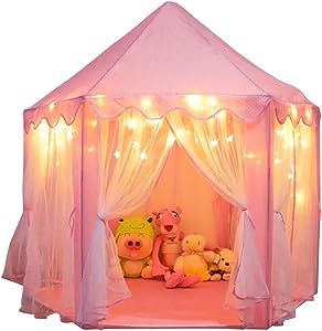 ORIAN Princess Castle Playhouse Tent for Girls with LED Star Lights – Indoor & Outdoor Large Kids Play Tent – ASTM Certified, Princess Tent Gift, 230 Polyester Taffeta. Pink 55"x53".